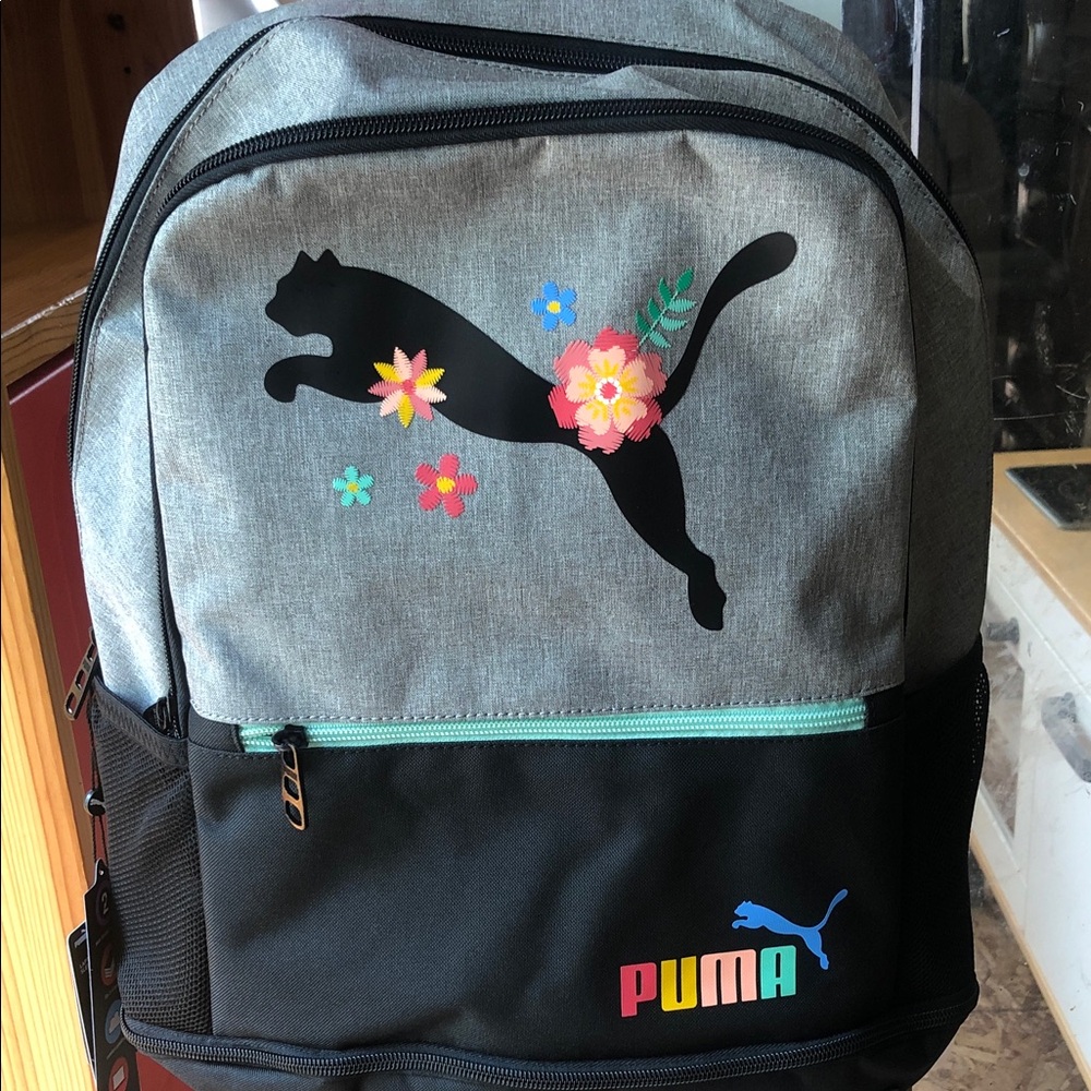 Puma Gray and Black Backpack with Colorful Floral Accents